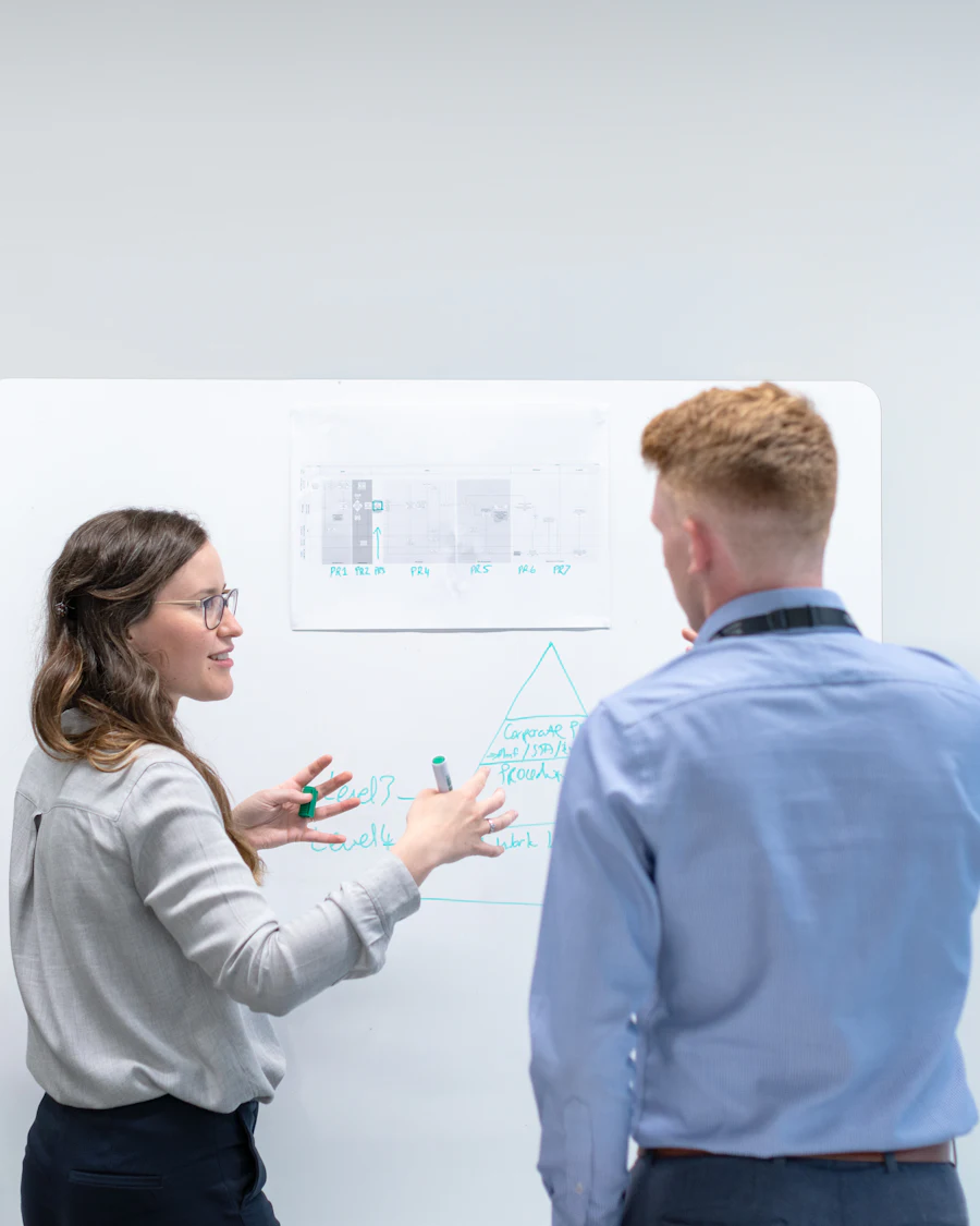 Zwei Personen diskutieren eine Skizze an einem Whiteboard